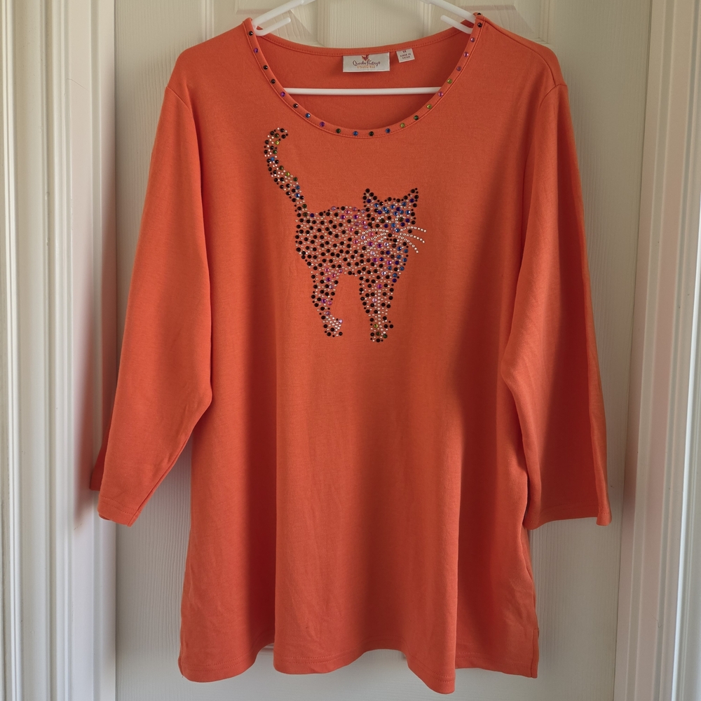 Quacker Factory‎ Orange Black Cat Halloween Embellished Top 1X